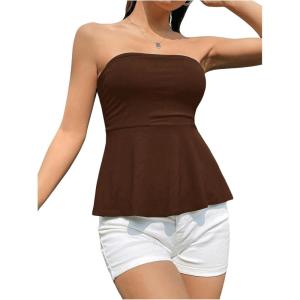 imageSHENHE Womens Strapless Ruffle Flared Peplum Tube Top Summer Casual Cute Top ShirtChocolate Brown