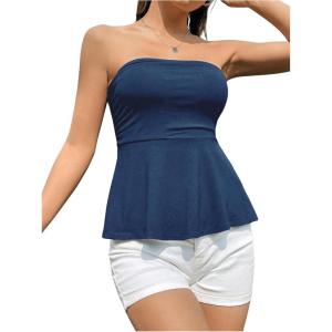 imageSHENHE Womens Strapless Ruffle Flared Peplum Tube Top Summer Casual Cute Top ShirtDeep Blue