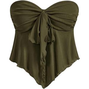 imageSHENHE Womens Strapless Tie Front Lettuce Trim Asymmetrical Flare Boho Tube TopArmy Green Solid