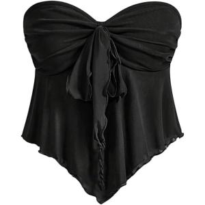 imageSHENHE Womens Strapless Tie Front Lettuce Trim Asymmetrical Flare Boho Tube TopBlack Solid