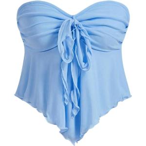 imageSHENHE Womens Strapless Tie Front Lettuce Trim Asymmetrical Flare Boho Tube TopBlue