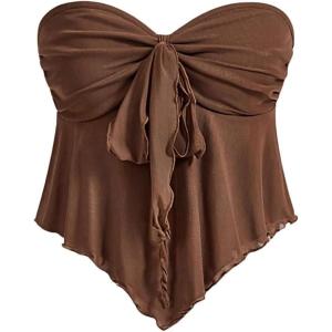 imageSHENHE Womens Strapless Tie Front Lettuce Trim Asymmetrical Flare Boho Tube TopBrown Solid