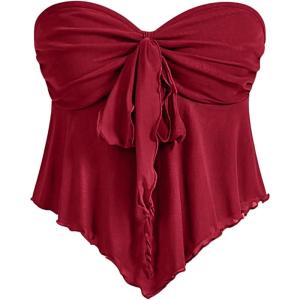 imageSHENHE Womens Strapless Tie Front Lettuce Trim Asymmetrical Flare Boho Tube TopBurgundy