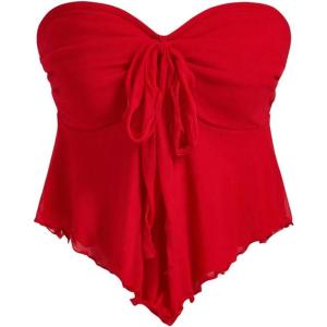 imageSHENHE Womens Strapless Tie Front Lettuce Trim Asymmetrical Flare Boho Tube TopRed Solid