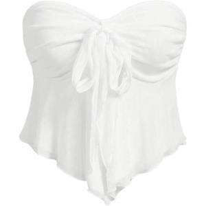 imageSHENHE Womens Strapless Tie Front Lettuce Trim Asymmetrical Flare Boho Tube TopWhite Solid