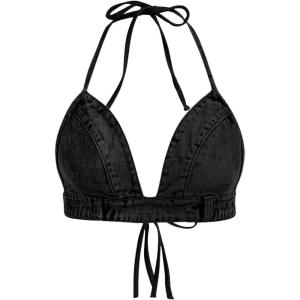 imageSHENHE Womens Denim Halter Top Tie Backless Triangle V Neck Sexy Jean Crop Top Country Western BustierBlack