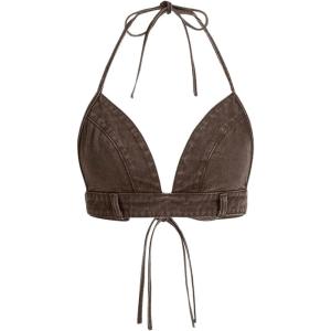 imageSHENHE Womens Denim Halter Top Tie Backless Triangle V Neck Sexy Jean Crop Top Country Western BustierBrown