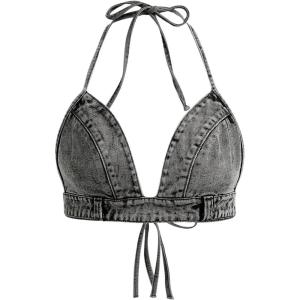 imageSHENHE Womens Denim Halter Top Tie Backless Triangle V Neck Sexy Jean Crop Top Country Western BustierDark Grey