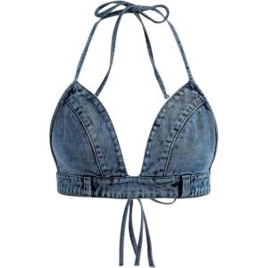 imageSHENHE Womens Denim Halter Top Tie Backless Triangle V Neck Sexy Jean Crop Top Country Western BustierMedium Wash