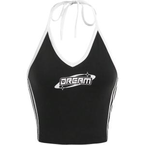 imageSHENHE Womens Summer Graphic Halter Cute Crop Top Sleeveless Letter Y2k Backless Casual TopBlack