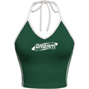 imageSHENHE Womens Summer Graphic Halter Cute Crop Top Sleeveless Letter Y2k Backless Casual TopDark Green