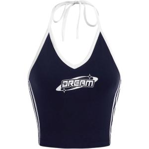 imageSHENHE Womens Summer Graphic Halter Cute Crop Top Sleeveless Letter Y2k Backless Casual TopDeep Blue