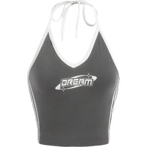 imageSHENHE Womens Summer Graphic Halter Cute Crop Top Sleeveless Letter Y2k Backless Casual TopGrey