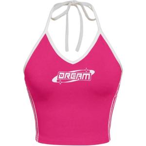 imageSHENHE Womens Summer Graphic Halter Cute Crop Top Sleeveless Letter Y2k Backless Casual TopHot Pink