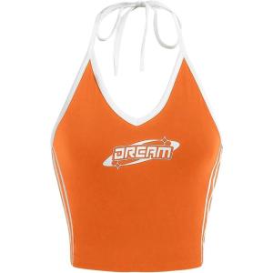 imageSHENHE Womens Summer Graphic Halter Cute Crop Top Sleeveless Letter Y2k Backless Casual TopOrange