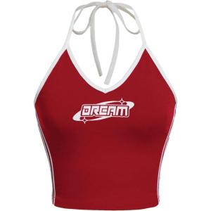 imageSHENHE Womens Summer Graphic Halter Cute Crop Top Sleeveless Letter Y2k Backless Casual TopRed