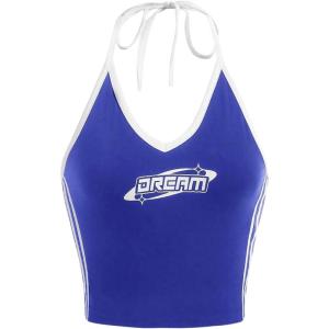 imageSHENHE Womens Summer Graphic Halter Cute Crop Top Sleeveless Letter Y2k Backless Casual TopRoyal Blue