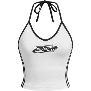 imageSHENHE Womens Summer Graphic Halter Cute Crop Top Sleeveless Letter Y2k Backless Casual TopWhite