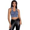 imageSHENHE Womens Denim Corset Top Sexy Backless Zip Up Jean Halter Tops Crop TopBlue