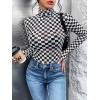 imageSHENHE Womens Mock Turtle Neck Checkered Long Sleeve Sheer Plaid Tshirt BodysuitBlack and White