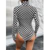 imageSHENHE Womens Mock Turtle Neck Checkered Long Sleeve Sheer Plaid Tshirt BodysuitBlack and White