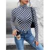 imageSHENHE Womens Mock Turtle Neck Checkered Long Sleeve Sheer Plaid Tshirt BodysuitDeep Blue