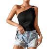 imageSHENHE Womens One Shoulder Ring Linked Ruched Drawstring Side Sleeveless Crop TopBlack