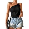 imageSHENHE Womens One Shoulder Ring Linked Ruched Drawstring Side Sleeveless Crop TopBlack