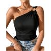 imageSHENHE Womens One Shoulder Ring Linked Ruched Drawstring Side Sleeveless Crop TopBlack