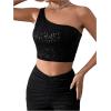 imageSHENHE Womens One Shoulder Sleeveless Sequin Glitter Party Cropped Tank Crop TopsBlack