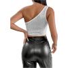 imageSHENHE Womens One Shoulder Sleeveless Sequin Glitter Party Cropped Tank Crop TopsSilver