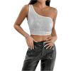 imageSHENHE Womens One Shoulder Sleeveless Sequin Glitter Party Cropped Tank Crop TopsSilver