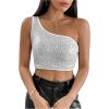 imageSHENHE Womens One Shoulder Sleeveless Sequin Glitter Party Cropped Tank Crop TopsSilver