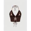 imageSHENHE Womens Open Back Knitted Halter Crop Top Tie Backless Embroidered Hippie TopBrown Floral