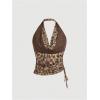 imageSHENHE Womens Tie Dye Halter Neck Draped Front Ruched Drawstring Backless Crop TopMocha Brown