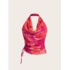 imageSHENHE Womens Tie Dye Halter Neck Draped Front Ruched Drawstring Backless Crop TopPink