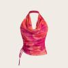 imageSHENHE Womens Tie Dye Halter Neck Draped Front Ruched Drawstring Backless Crop TopPink