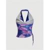 imageSHENHE Womens Tie Dye Halter Neck Draped Front Ruched Drawstring Backless Crop TopPurple