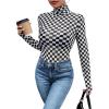 imageSHENHE Womens Mock Turtle Neck Checkered Long Sleeve Sheer Plaid Tshirt BodysuitBlack and White