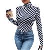 imageSHENHE Womens Mock Turtle Neck Checkered Long Sleeve Sheer Plaid Tshirt BodysuitDeep Blue