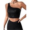 imageSHENHE Womens One Shoulder Sleeveless Sequin Glitter Party Cropped Tank Crop TopsBlack