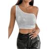 imageSHENHE Womens One Shoulder Sleeveless Sequin Glitter Party Cropped Tank Crop TopsSilver