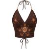 imageSHENHE Womens Open Back Knitted Halter Crop Top Tie Backless Embroidered Hippie TopBrown Floral