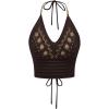 imageSHENHE Womens Open Back Knitted Halter Crop Top Tie Backless Embroidered Hippie TopCoffee Brown