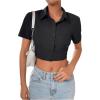 imageSHENHE Womens Short Sleeve Button Up Shirt Casual Collared Cropped Button Down TopBlack