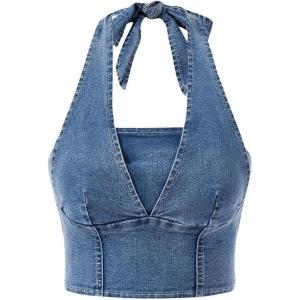 imageSHENHE Womens Denim Corset Top Sexy Backless Zip Up Jean Halter Tops Crop TopBlue
