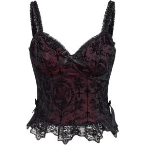 imageSHENHE Womens Lace Bow Front Spaghetti Strap V Neck Camisole Y2K Goth Crop Top TankBlack Cross Printed