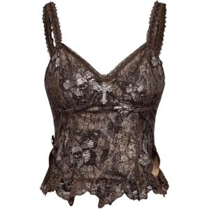 imageSHENHE Womens Lace Bow Front Spaghetti Strap V Neck Camisole Y2K Goth Crop Top TankBrown