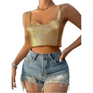 imageSHENHE Womens Metallic Glitter Open Back Sleeveless Sexy Backless Party Club Crop TopGold