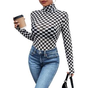 imageSHENHE Womens Mock Turtle Neck Checkered Long Sleeve Sheer Plaid Tshirt BodysuitBlack and White